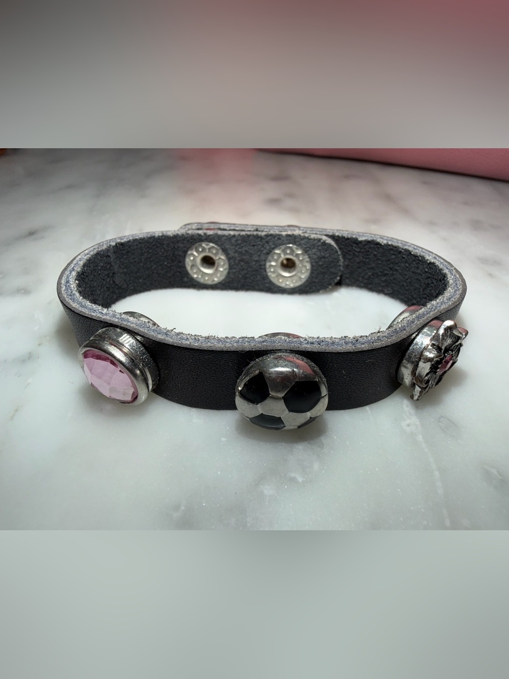Snap Button Black Leather Soccer Charm Bracelet